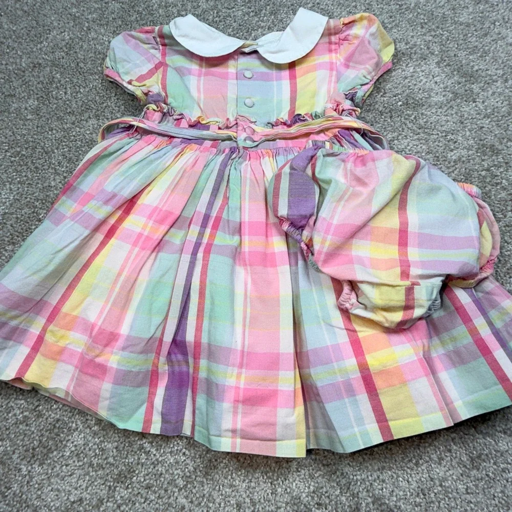Ralph Lauren Baby Girls Pastel Plaid Madras Dress with Diaper Cover Bloomers 12M